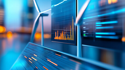 Futuristic digital interface with data charts and holographic elements in a vibrant, high-tech environment.