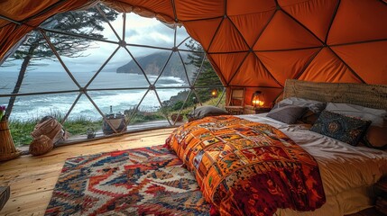 Beachfront dome tent with panoramic ocean views luxury camping experience with natures beauty all around perfect summer relaxation Stock Photo with side copy space