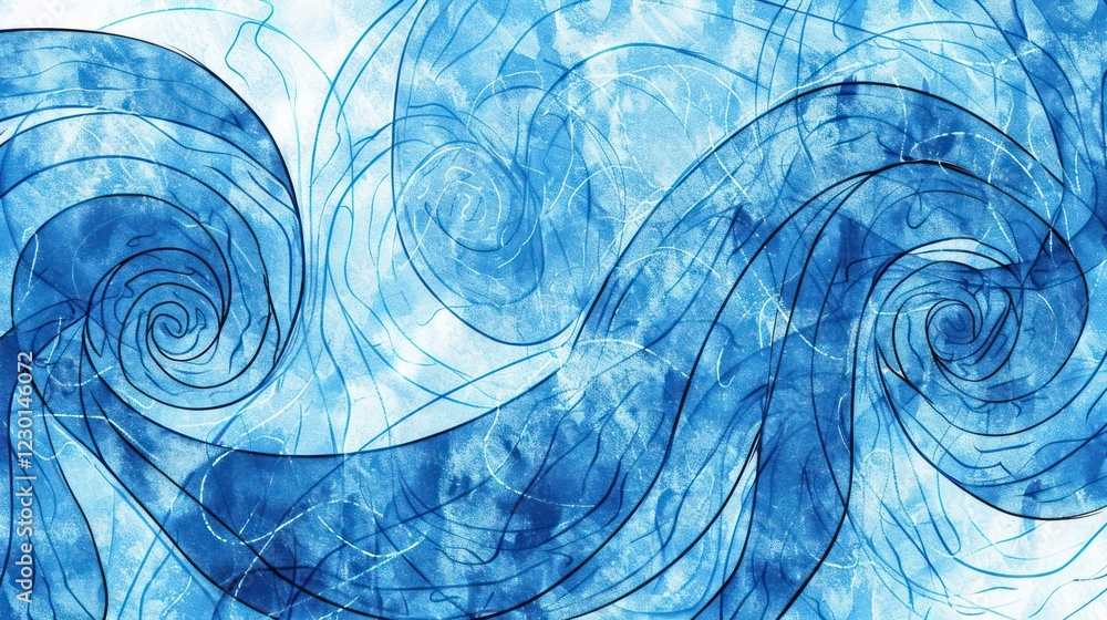 Poster abstract swirling blue waves with intricate patterns and textures, creating a serene atmosphere