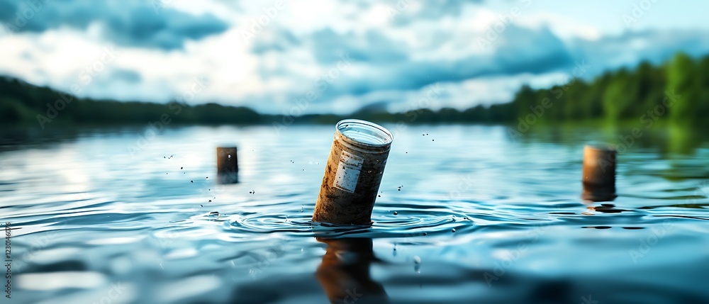 Poster reflective surface of a reservoir disrupted by floating object in serene natural landscape with clou
