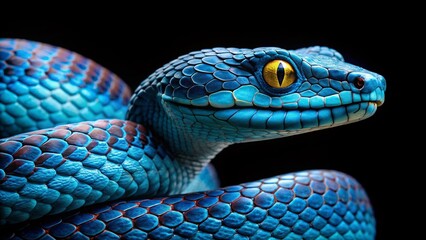 Fototapeta premium Exotic Blue Insularis Viper Snake Closeup - Venomous Reptile Isolated on Black