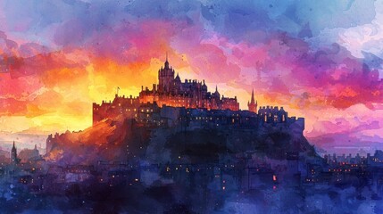 Fototapeta premium Majestic Stone Castle at Sunset over Cityscape A Digital Painting