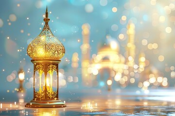 Obraz premium Glossy shinny Intricate golden Glossy shinny Intricate golden,Eid al Fitr festival 3d royal render , poster and blank banner template without text