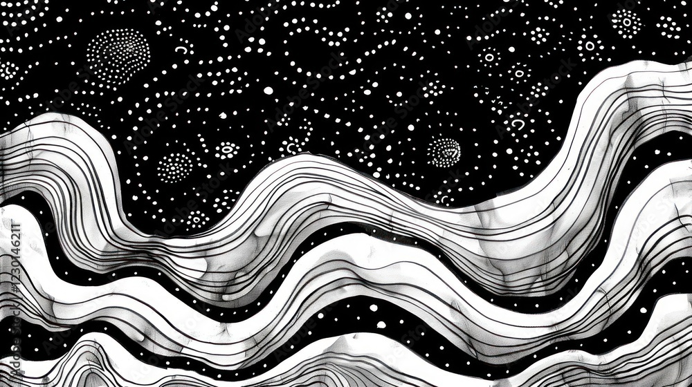Poster abstract black and white wave patterns with dots resembling cosmic elements and movement