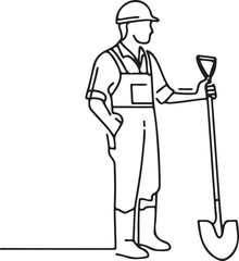 Roadworker Holding Shovel. Minimalist Line Drawing Vector Art