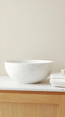 White speckled bowl on wood counter