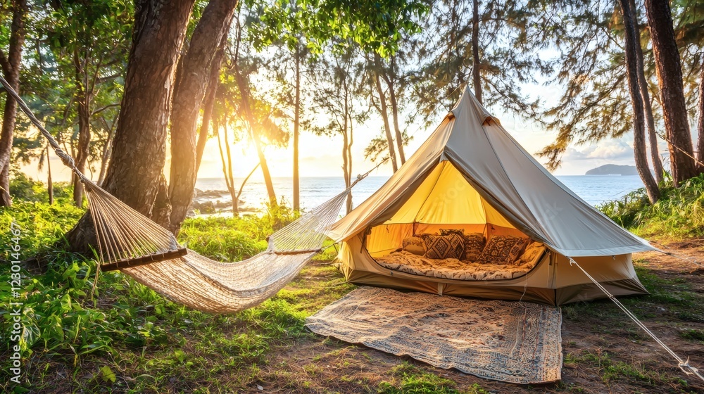 Leinwandbilder oceanfront hammock strung between palm trees beside a luxury glamping tent perfect spot for an after