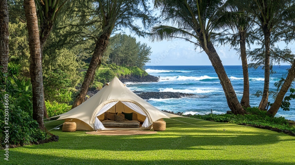 Poster oceanfront hammock strung between palm trees beside a luxury glamping tent perfect spot for an after