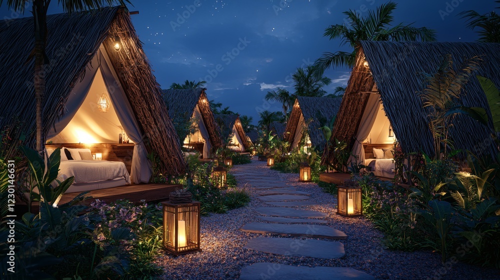 Aufkleber glamping resort at night with lantern-lit pathways leading to each beachfront tent cozy and tranquil
