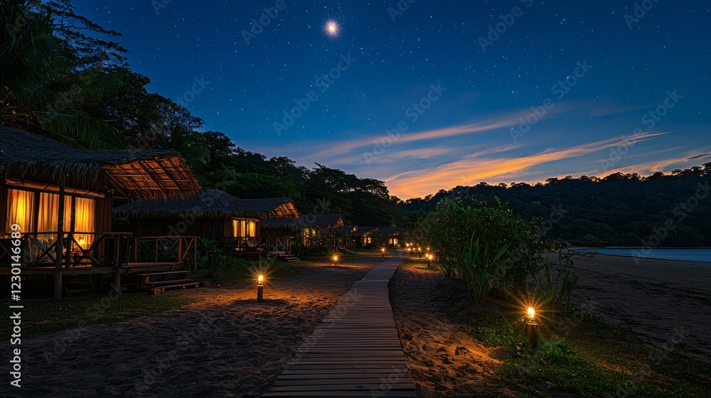 Aufkleber glamping resort at night with lantern-lit pathways leading to each beachfront tent cozy and tranquil