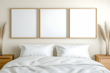 Minimalist bedroom mockup, three frames