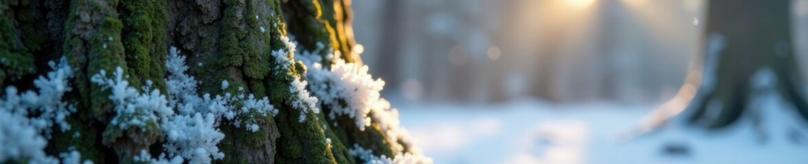 Frosty crystals cling to the bark of ancient oak trees, tree trunk, tree