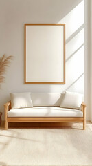 Modern living room mockup; sofa, frame, sunlit