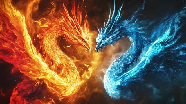 A dramatic clash between fiery red and icy blue dragons showcasing flames and smoke in a fantasy-themed setting