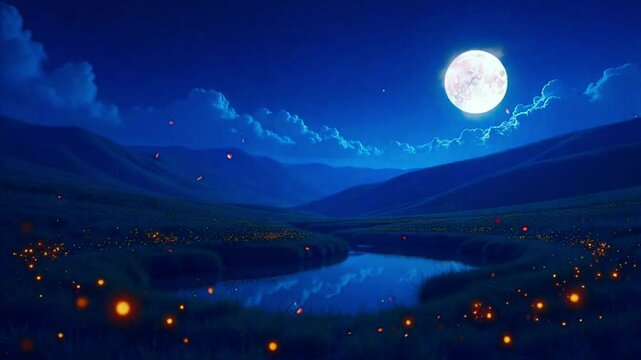 Enchanting moonlit valley with glowing fireflies and serene water reflections. Seamless looping time-lapse animation video background
