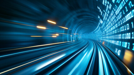 Futuristic digital tunnel with motion blur and binary code. Concept of fast data transfer and advanced technology.