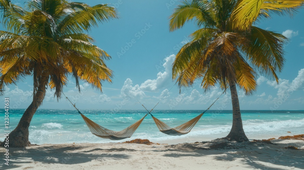 Poster hammock tied between two palm trees gently swaying over the white sand with a breathtaking ocean vie