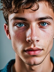 Obraz premium A close-up portrait of a young man with curly hair and blue eyes and looking directly at the viewer