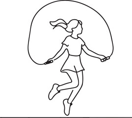 Fitness and Fun: Line Drawing of a Girl Skipping Rope - Vector