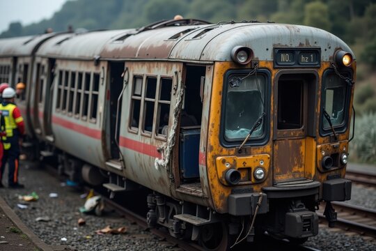 A close-up of a crumpled train carriage, showing the details of the wreckage and broken windows. In the background, emergency teams are seen assessing the situation