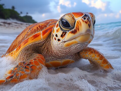 Close-up of a Loggerhead Turtle in Ocean Waves on a Beach with Cloudy Sky