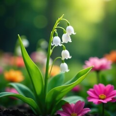 Lilies of the valley caught in a playful breeze amidst other flowers, nature, colorful