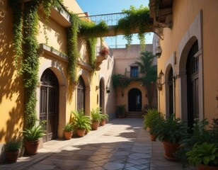 Naklejka premium Patio de edificio colonia del sacramento con plantas y arcos , america, patrimonio