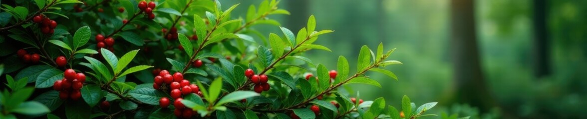 Obraz premium Low growing evergreen shrub with bright red berries, forest, shrubs
