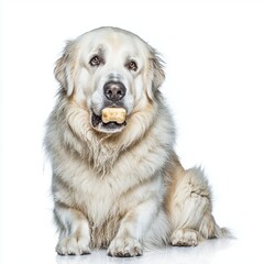 Great Pyrenees sits comfortably while chewing on bone against pristine white background showcasing its fluffy fur and friendly demeanor.