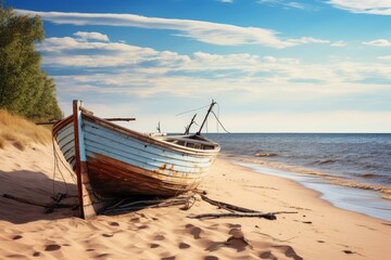 Obraz premium Old weathered fishing boat beached on a sandy shore, evoking themes of retirement, nostalgia, and the passage of time