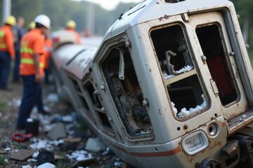 A close-up of a crumpled train carriage, showing the details of the wreckage and broken windows. In the background, emergency teams are seen assessing the situation