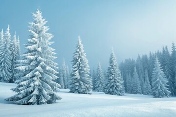 Obraz premium Pine trees are dressed in a thick layer of snow their branches etched against a pale blue sky like delicate pen and ink drawings, evergreen, tall trees, quiet landscape
