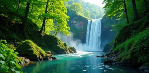 Obraz premium lush green forest alongside a winding river with a misty waterfall, scenery, nature