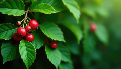 Obraz premium lush green leaves sheltering small red berries, berries, nature, foliage