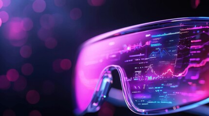 Close up of transparent futuristic glasses displaying vibrant pink and blue holographic data streams against a blurred bokeh background. The glasses have a sleek, modern design.
