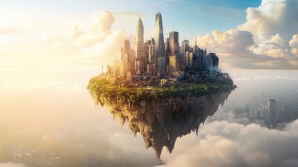 Naklejka premium Floating Island Village Above the Clouds - Surreal Fantasy Landscape