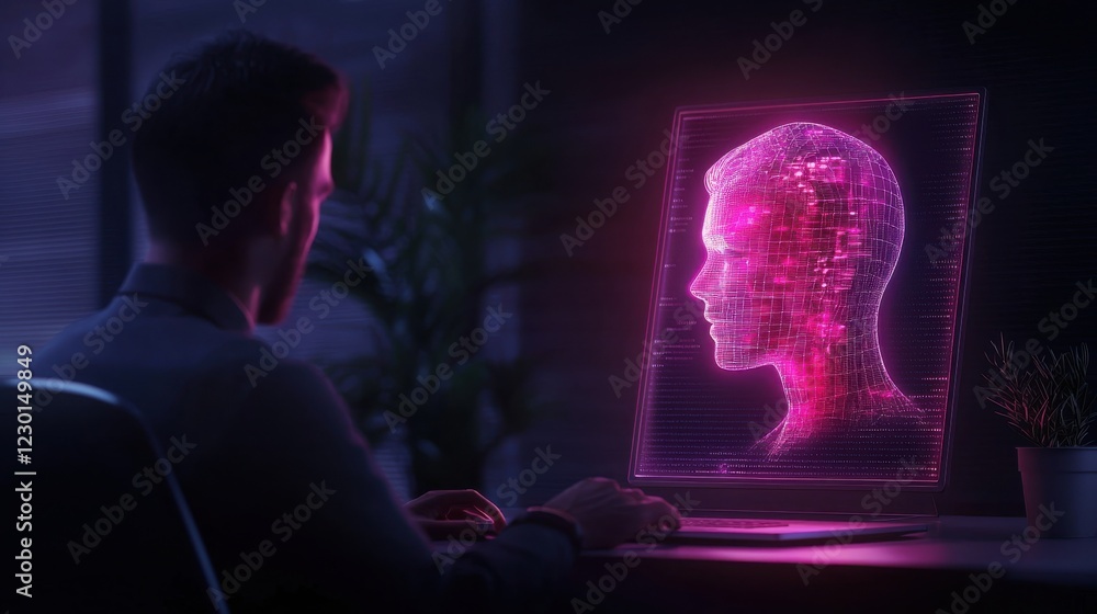 Poster a man sits at a desk in a dark room, looking at a computer screen displaying a glowing digital head 