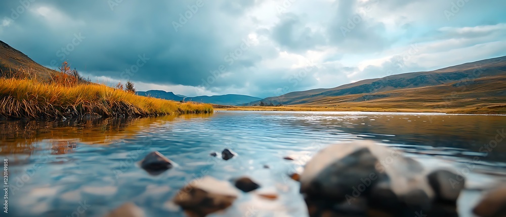 Poster scenic view of a serene reservoir with calm waters reflecting the cloudy moody sky above a remote mo