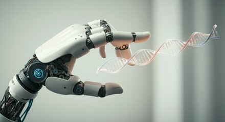 Futuristic robotic hand interacting with 3d holographic DNA strand