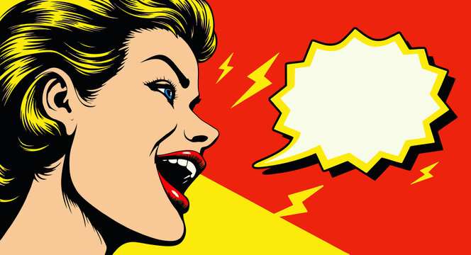 Retro pop art woman's face in profile against red and yellow background with empty speech bubble. Comic book style, bold outlines, sarcastic laughing expression and vintage hairstyle.

