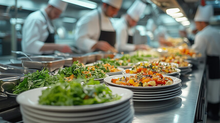 A busy kitchen scene with chefs preparing fresh dishes, showcasing vibrant ingredients and culinary artistry