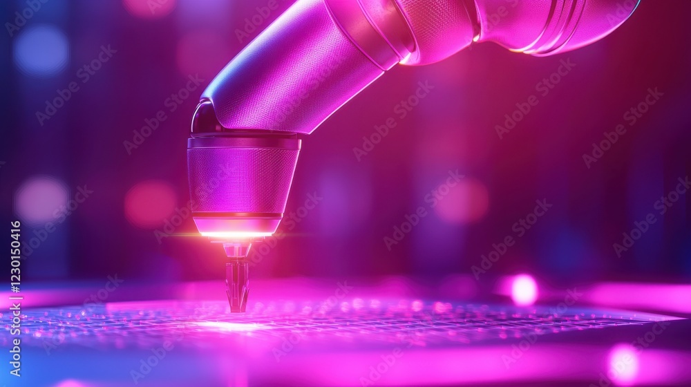 Poster robotic arm performing precise task on microchip circuit board with neon lighting