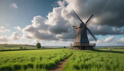 Fototapeta premium Pristine view of windmill, wooden enclosure, and lush green field against cloudy sky, thunderclouds, agricultural land, nature reserve, scenic beauty, rural landscape