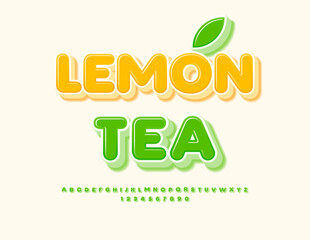Vector Advertising sticker Lemon Tea. Isometric Green Font. Glossy Alphabet Letters and Numbers set.
