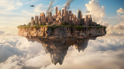 Naklejka premium Floating Island Village Above the Clouds - Surreal Fantasy Landscape