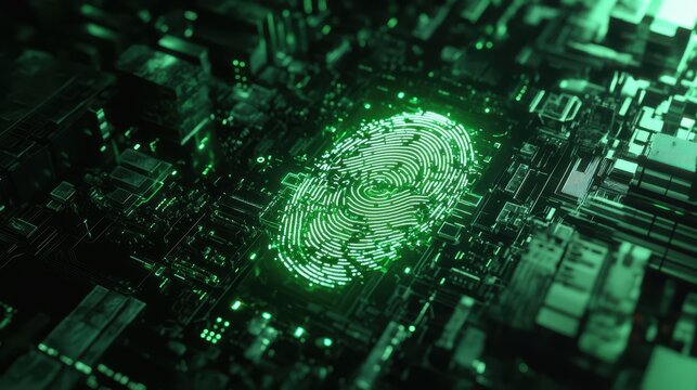 A high-tech design featuring a digital fingerprint glowing in green, integrated into a cybernetic circuit board layout.