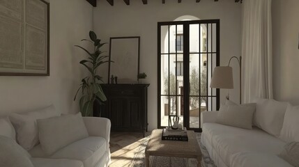 Serene Living Room with French Doors and Natural Light