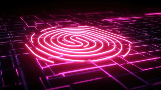 A neon digital fingerprint glowing atop a grid-like circuit board design, representing advanced technology.