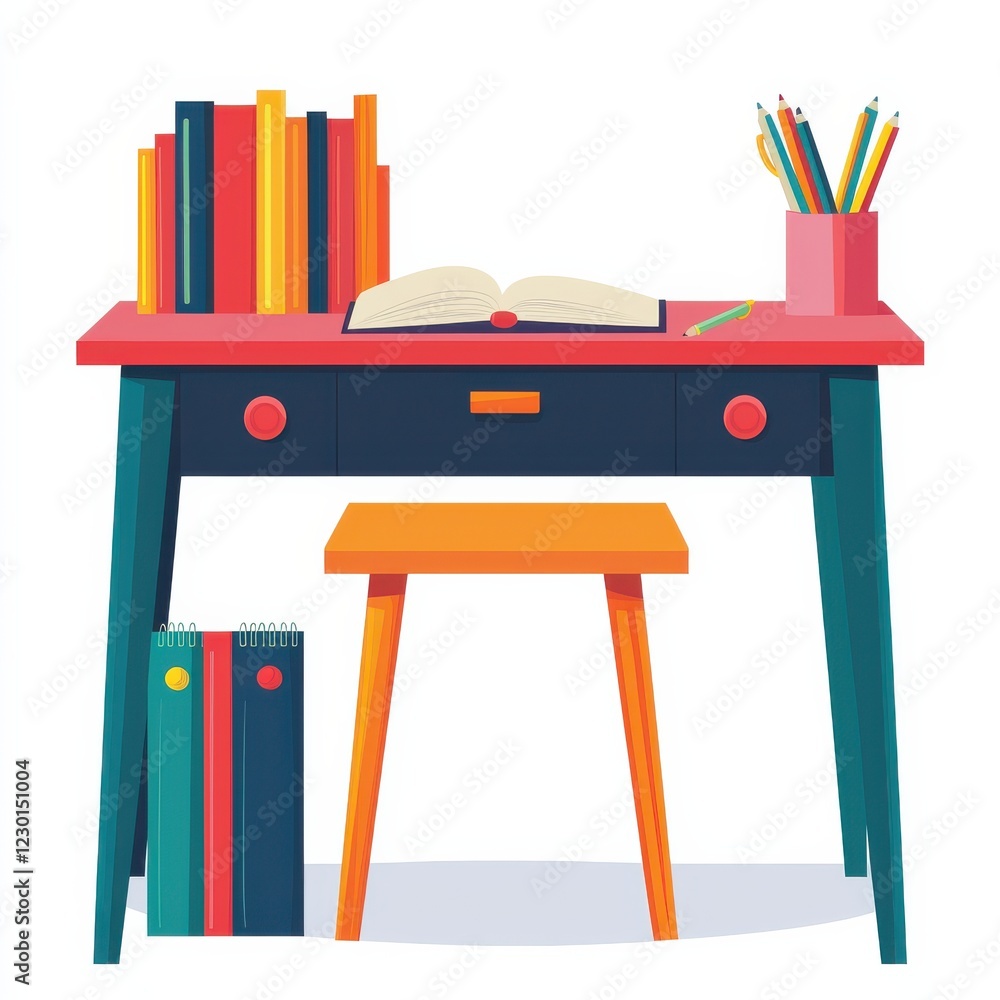 Poster a colorful study desk with books, an open notebook, and stationery, creating an inviting workspace.