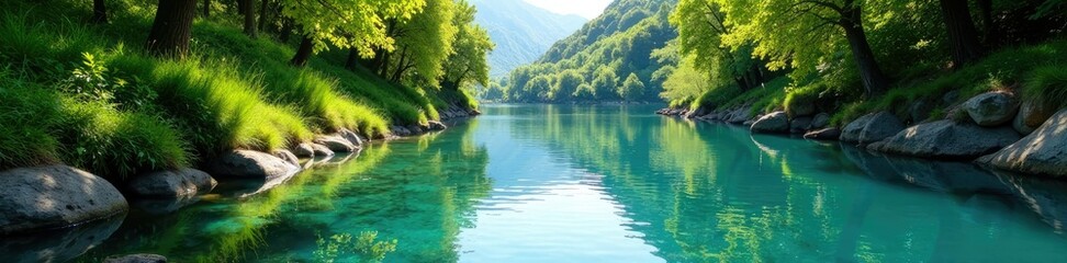 Riva sabbiosa con rami cadenti verso acqua cristallina, clear water, peaceful atmosphere, tranquility